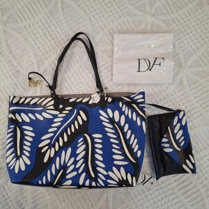 Diane Von Furstenberg Blue Black &White Botanical Leaf Large Tote Bag Leather